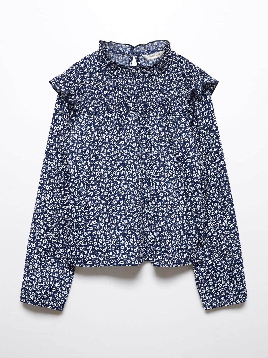 

Mango Kids Girls Floral Printed Ruffled Detail Smocked Top, Navy blue