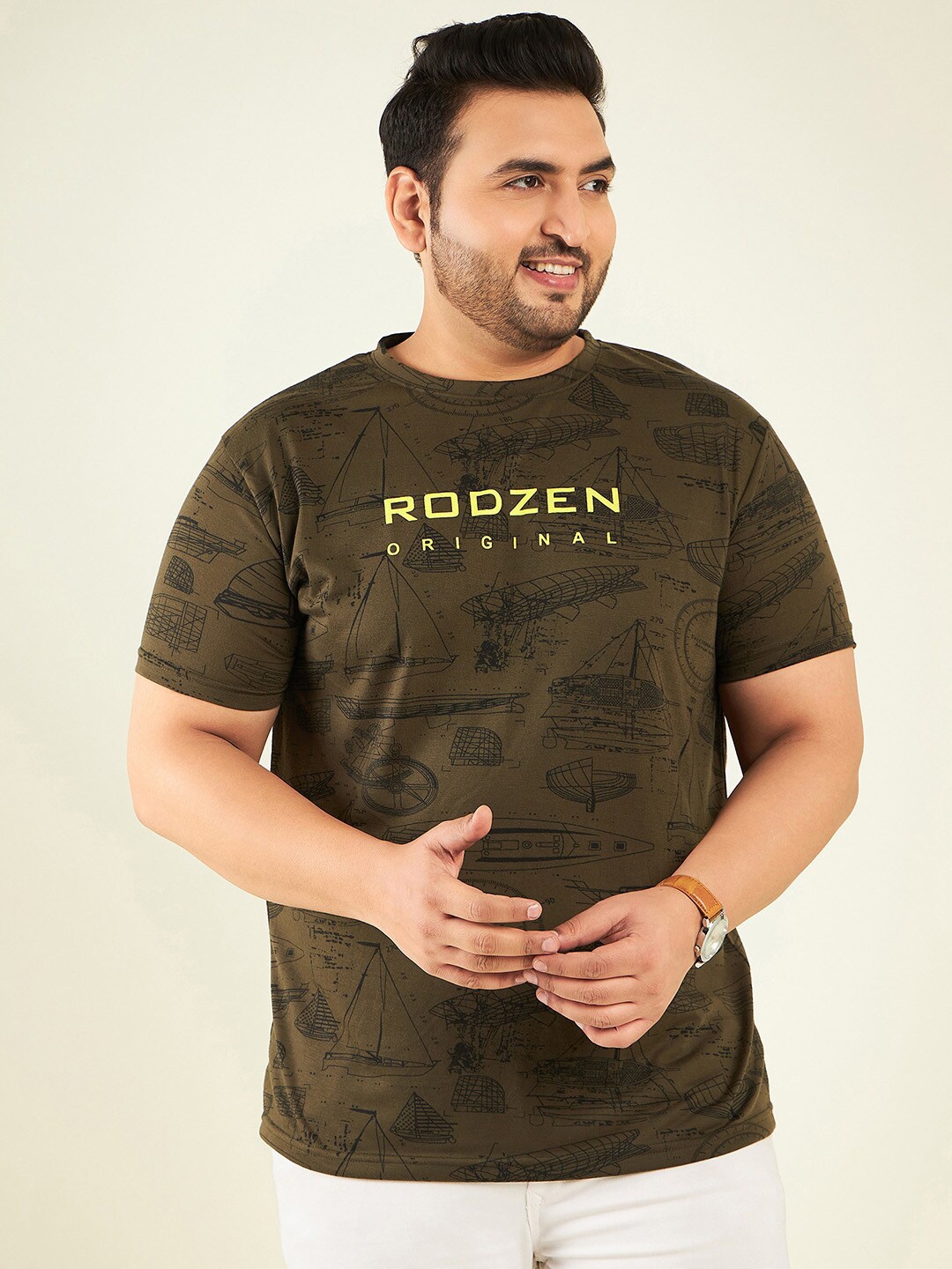 

Rodzen Plus Size Graphic Printed Round Neck Cotton Regular T-shirt, Green