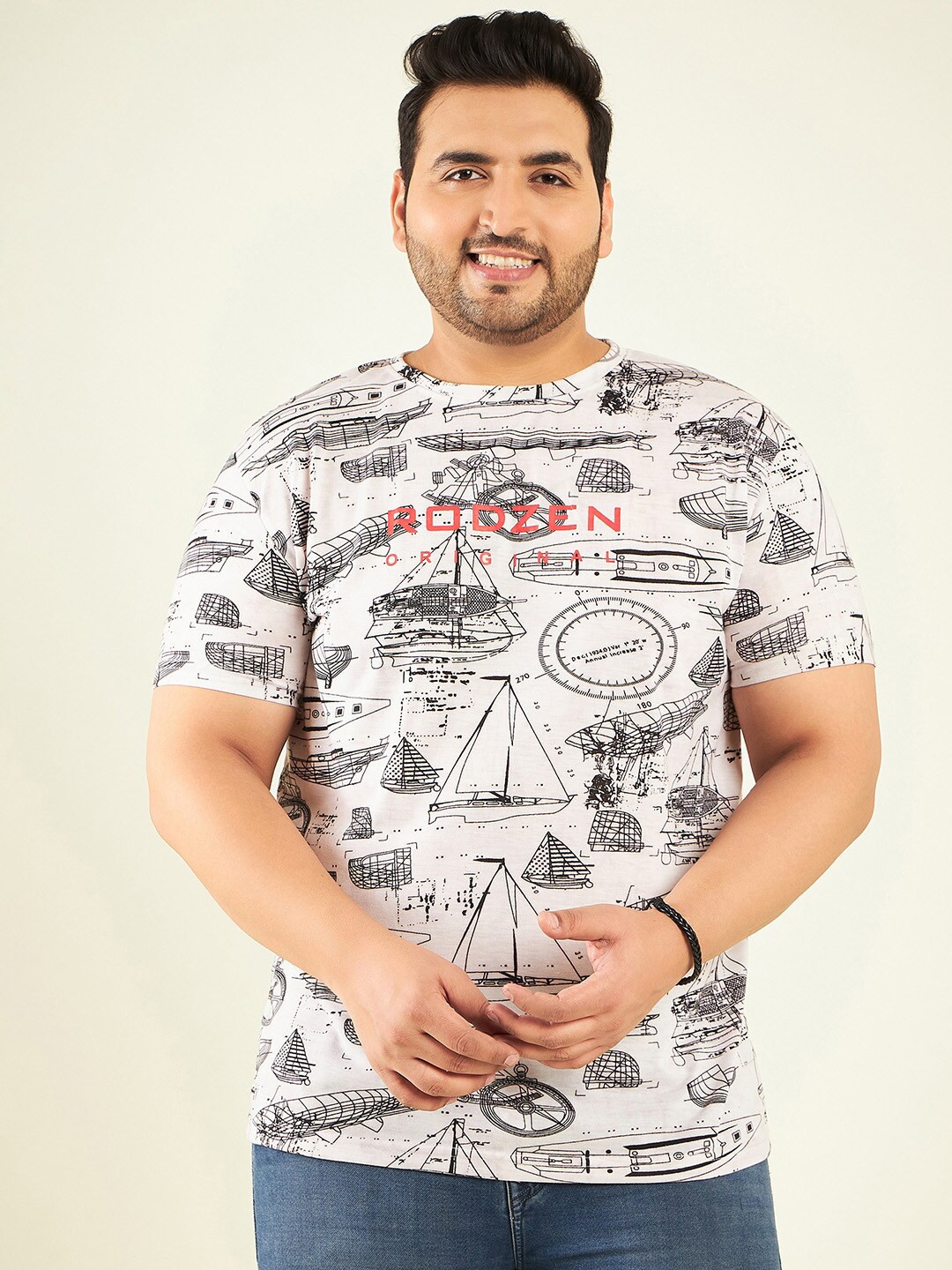 

Rodzen Plus Size Conversational Printed Regular Fit Round Neck Cotton T-Shirt, White