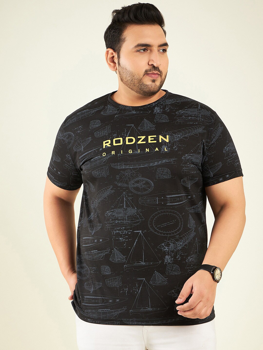

Rodzen Plus Size Typography Printed Round Neck Regular Fit Cotton T-Shirt, Black