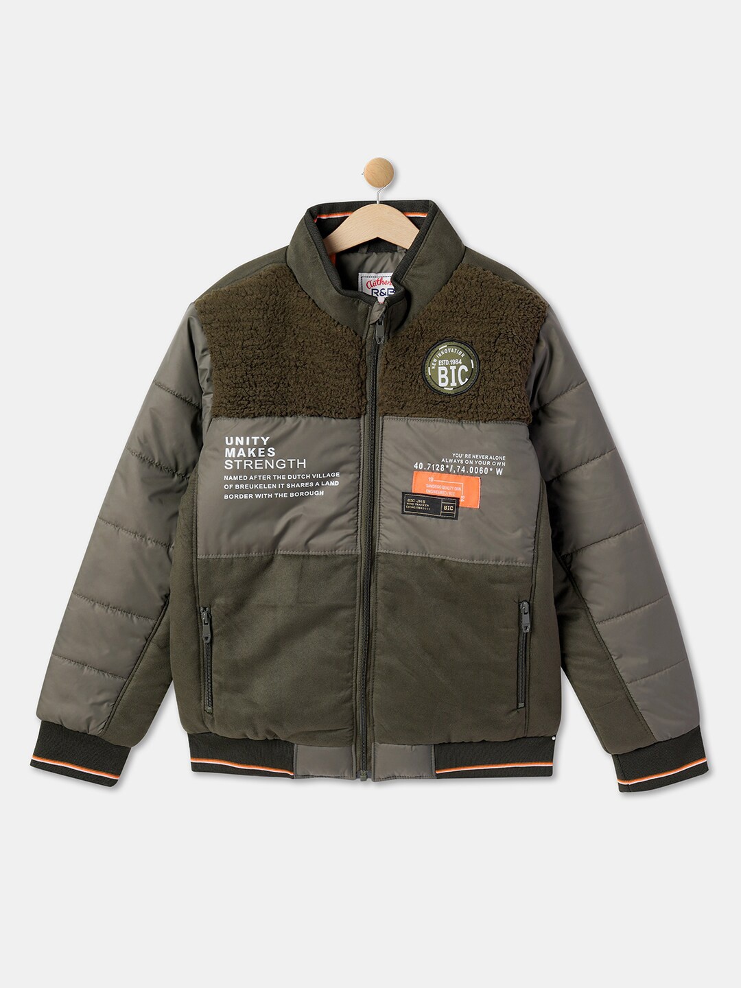 

R&B Boys Mock Collar Patchwork Bomber Jacket, Olive