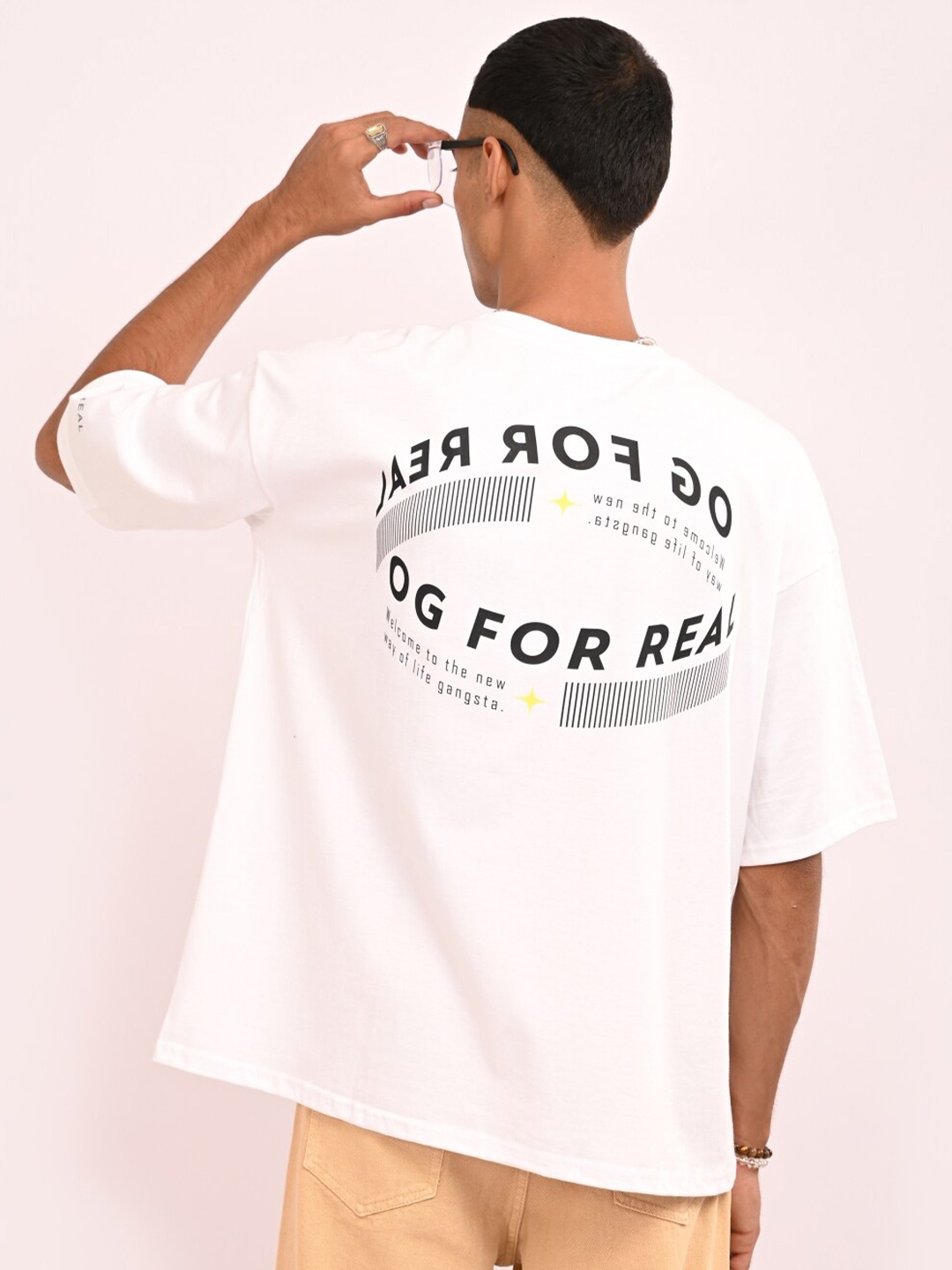

OG For Real Typography Printed Drop-Shoulder Sleeves Oversized Cotton Casual T-shirt, White