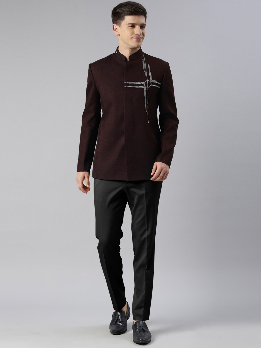 

TheEthnic.Co Embroidered Mandarin Collar Bandhgala Suits, Purple