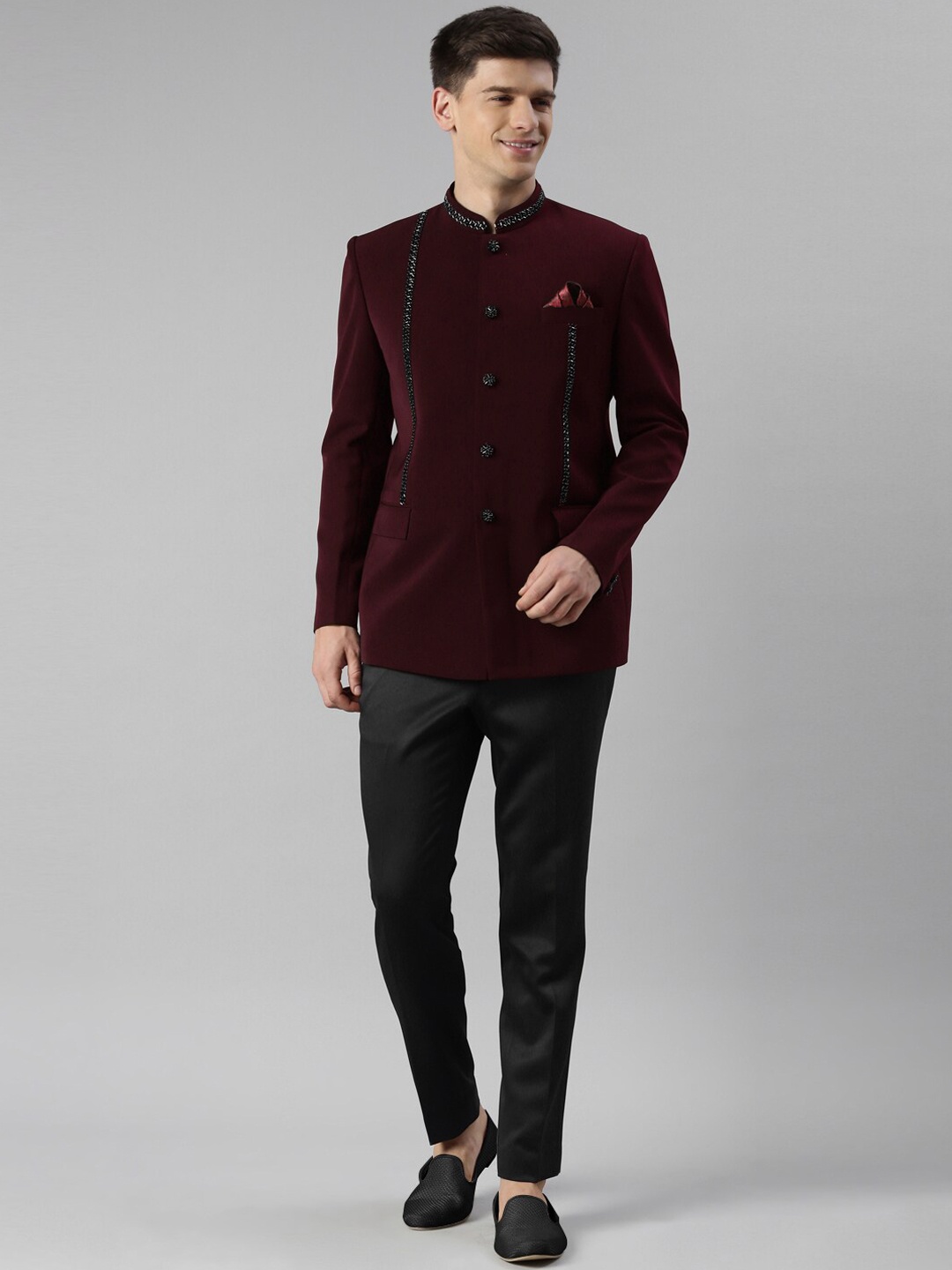 

TheEthnic.Co Embroidered Mandarin Collar Bandhgala Blazer, Maroon