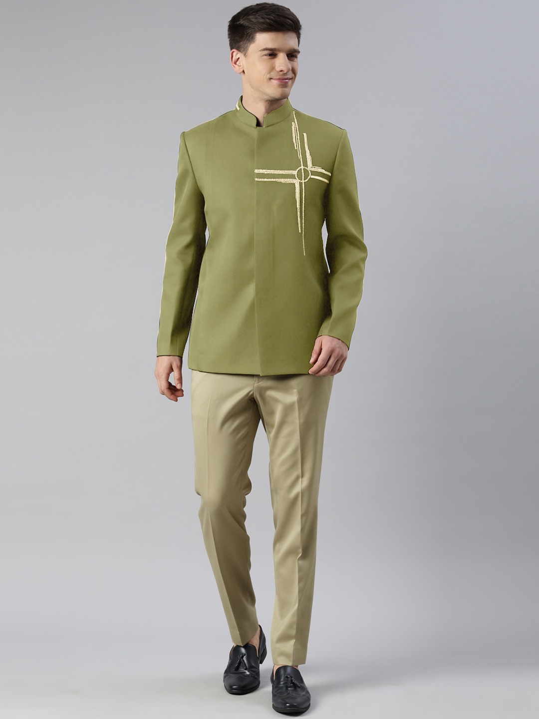 

TheEthnic.Co Self Design Embroidered Bandhgala Blazer, Green
