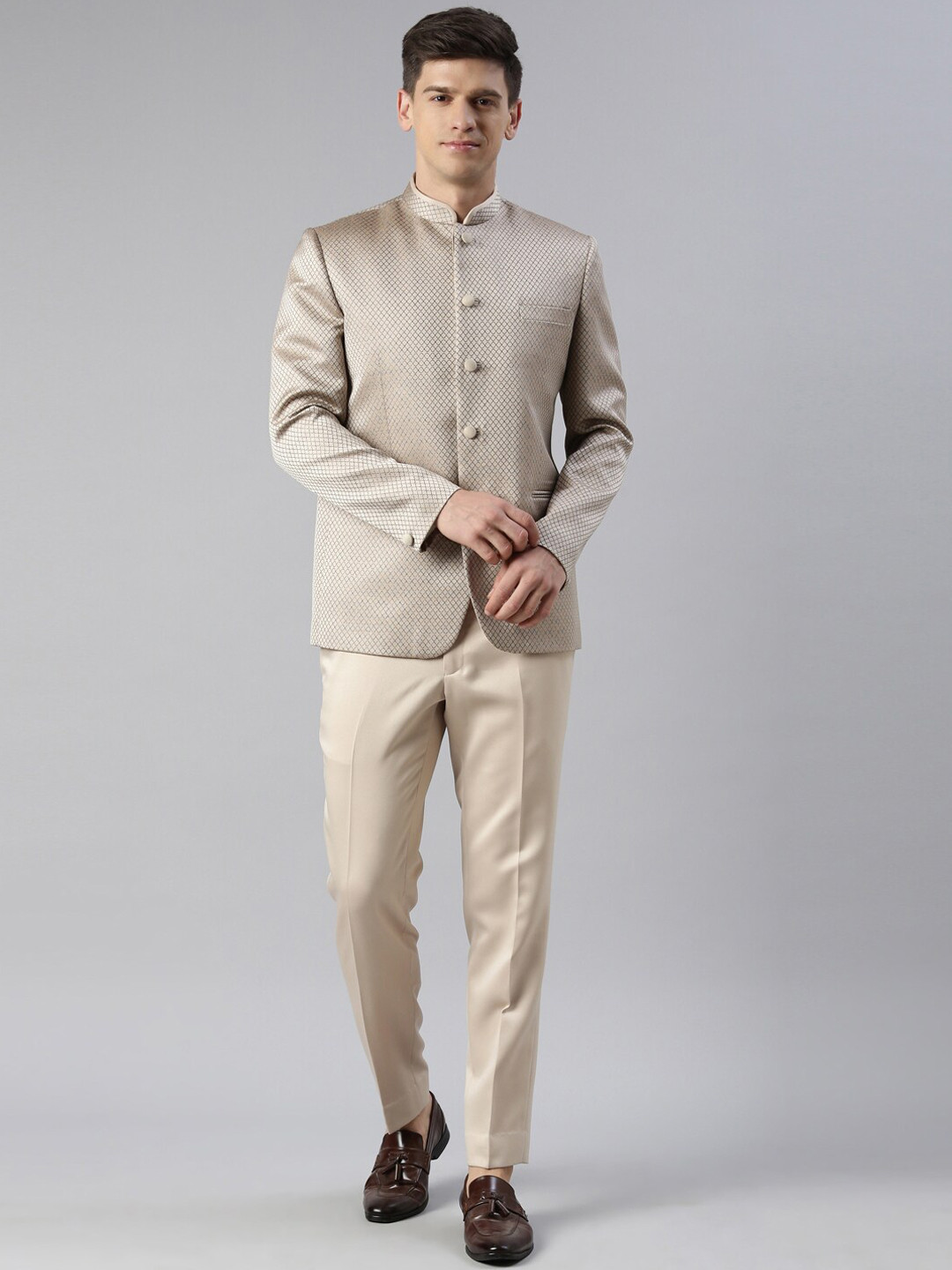 

TheEthnic.Co Woven Design Bandhagala Two Piece Party Suit, Beige