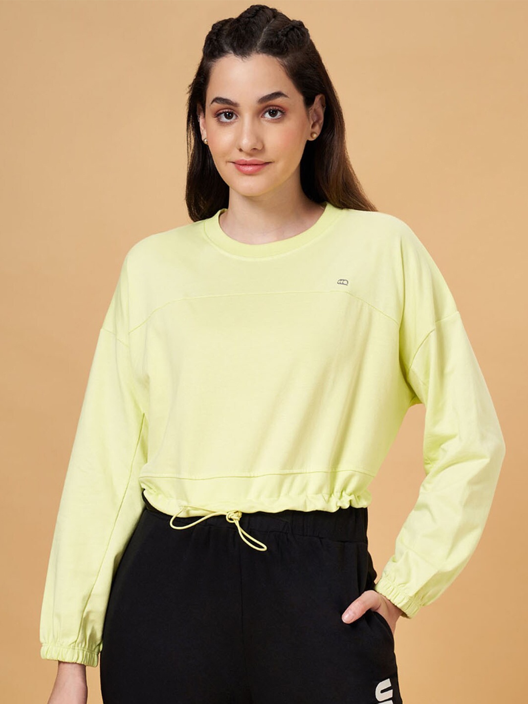 

Ajile by Pantaloons Drop-Shoulder Sleeves Cotton Crop Sweatshirt, Green