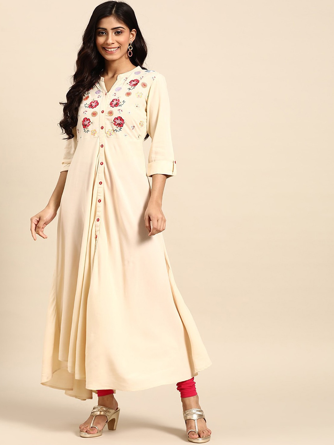 

RANGMAYEE Floral Embroidered Pure Cotton A-Line Kurta, Cream