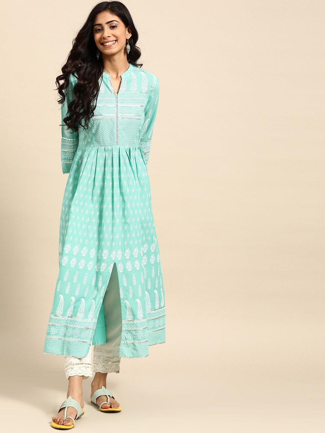 

RANGMAYEE Ethnic Motifs Printed Gotta Patti A-line Cotton Kurta, Blue