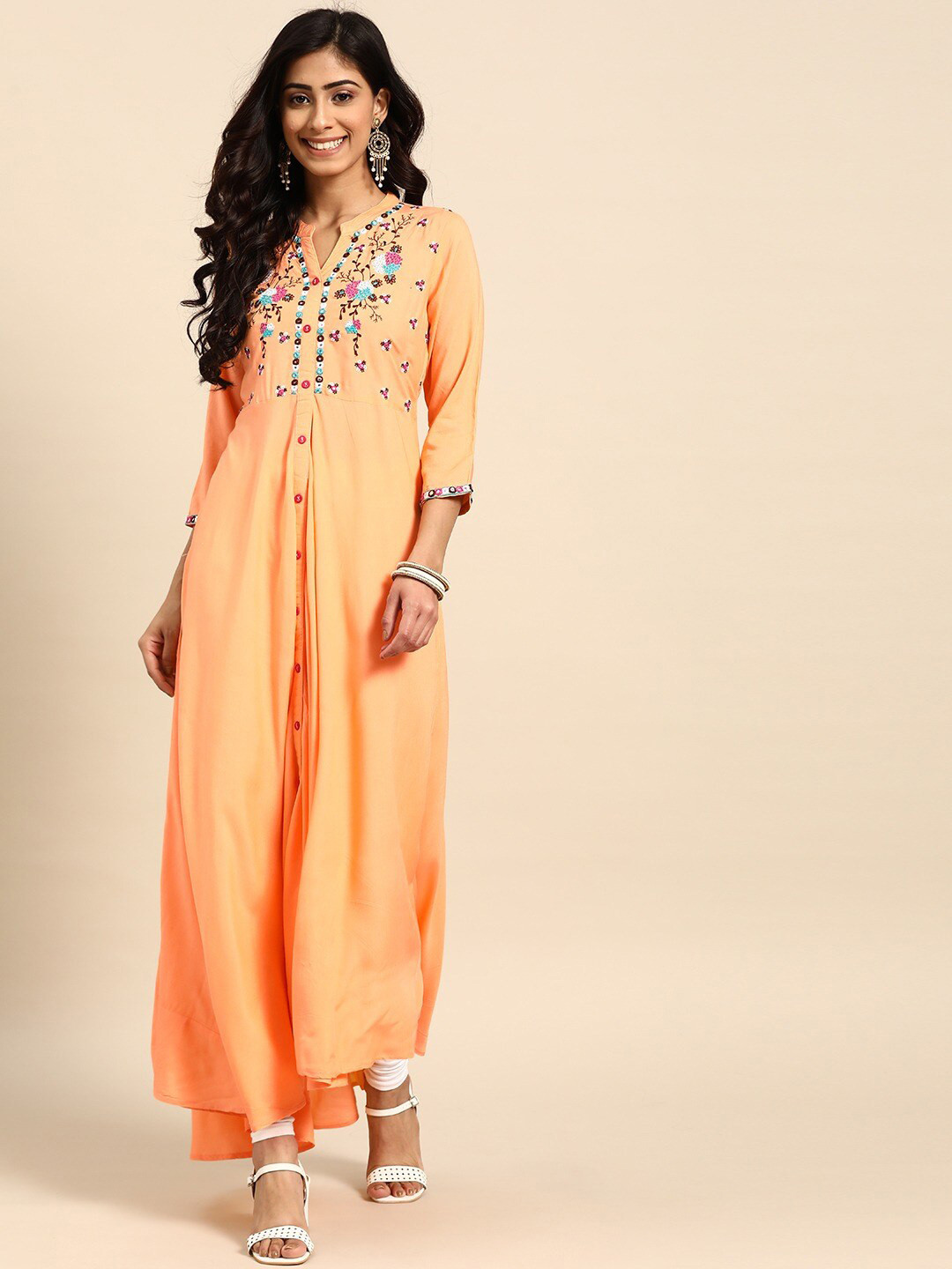 

RANGMAYEE Floral Yoke Design Mirror Work Pure Cotton Anarkali Kurta, Peach