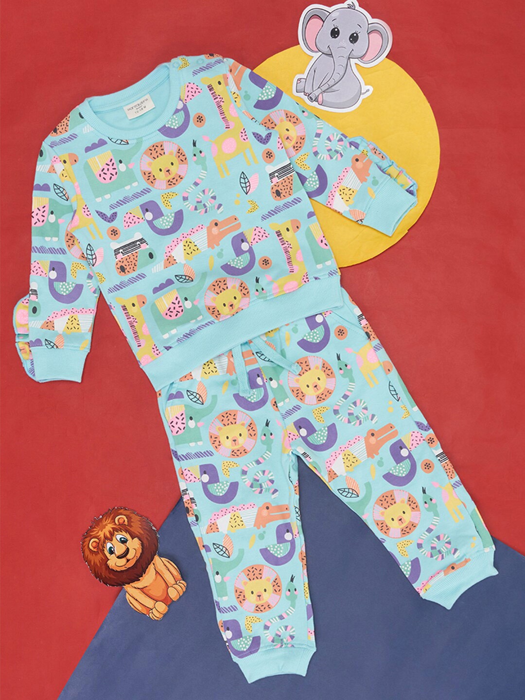 

Pantaloons Baby Girls Graphic Printed Pure Cotton T-Shirt & Trousers, Blue