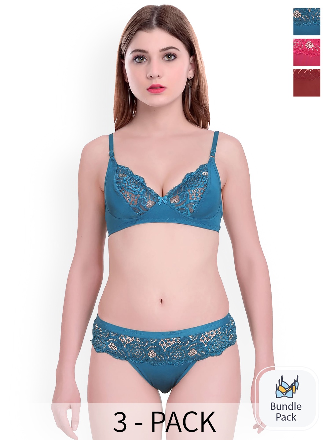 

AROUSY Pack Of 3 Self Design Cotton Lingerie Set, Blue