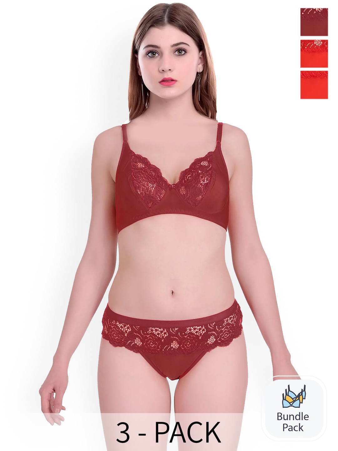 

AROUSY Pack of 3 Self Design Non Padded Cotton Lingerie Set, Red