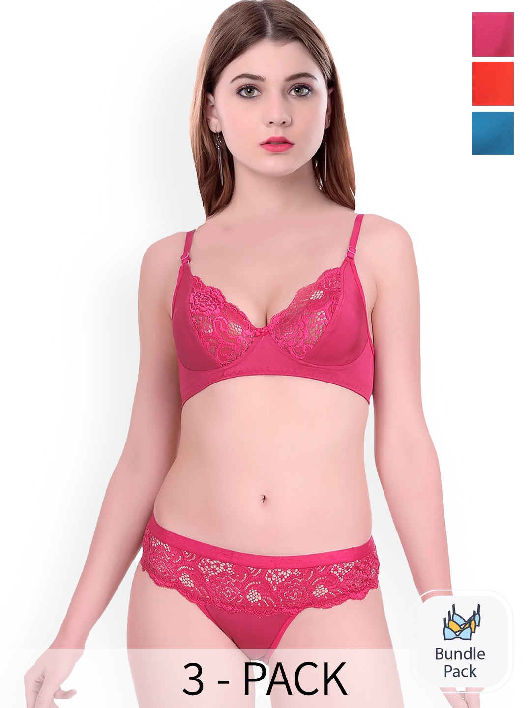 

AROUSY Pack of 3 Self Design Non Padded Cotton Lingerie Set, Pink