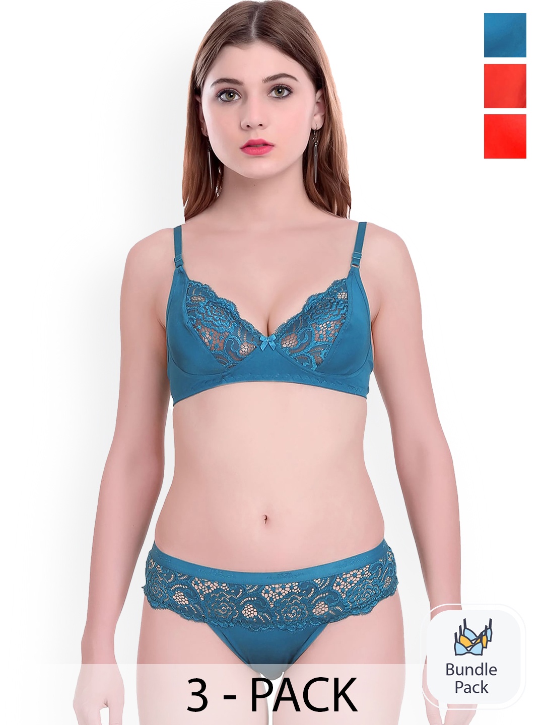 

AROUSY Pack of 3 Self Design Non Padded Cotton Lingerie Set, Blue