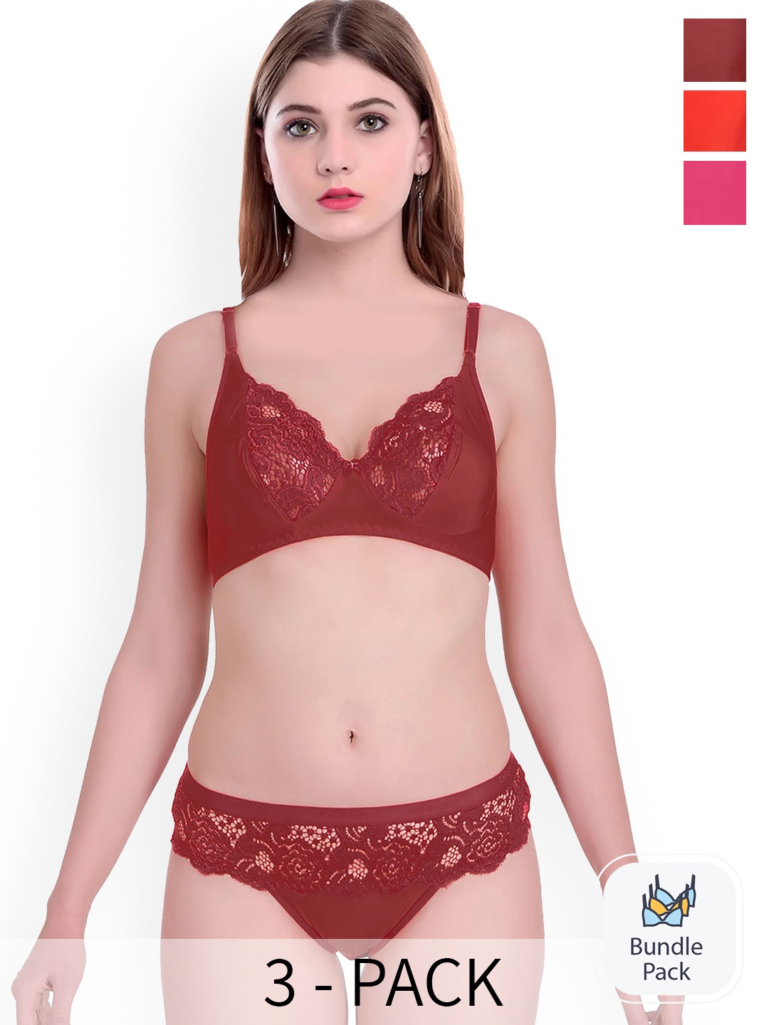 

AROUSY Pack Of 3 Self Design Non Padded Cotton Lingerie Set, Maroon