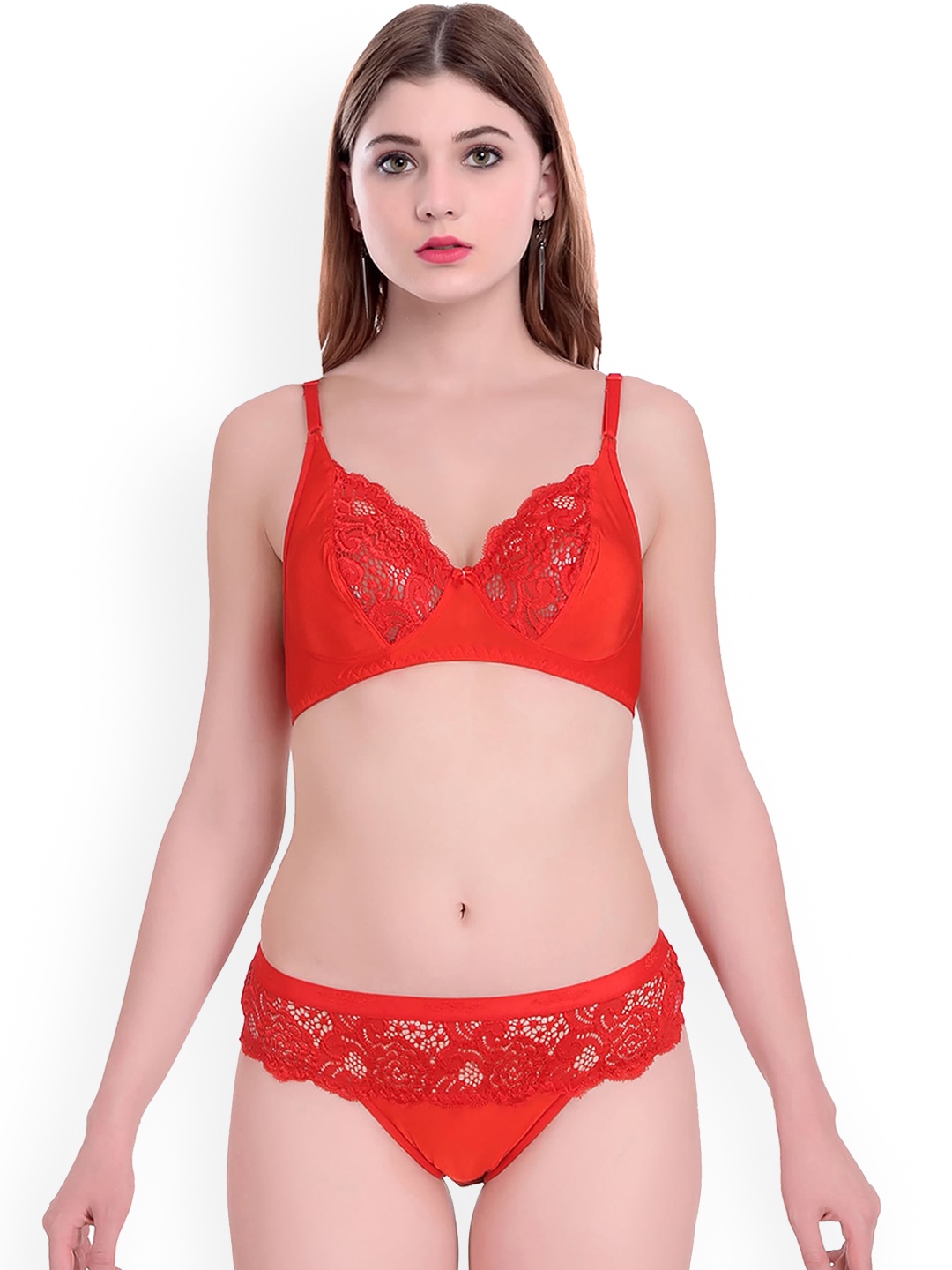 AROUSY Self Design Non Padded Cotton Lingerie Set, Red
