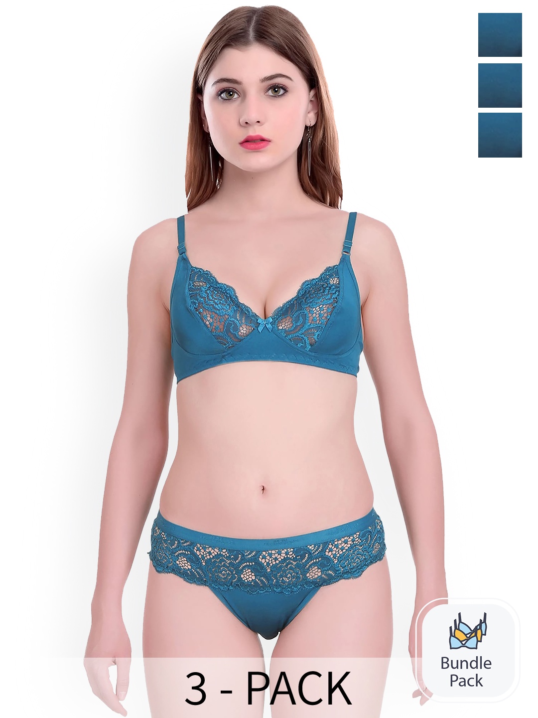 

AROUSY Pack Of 3 Self Design Non Padded Cotton Lingerie Set, Blue