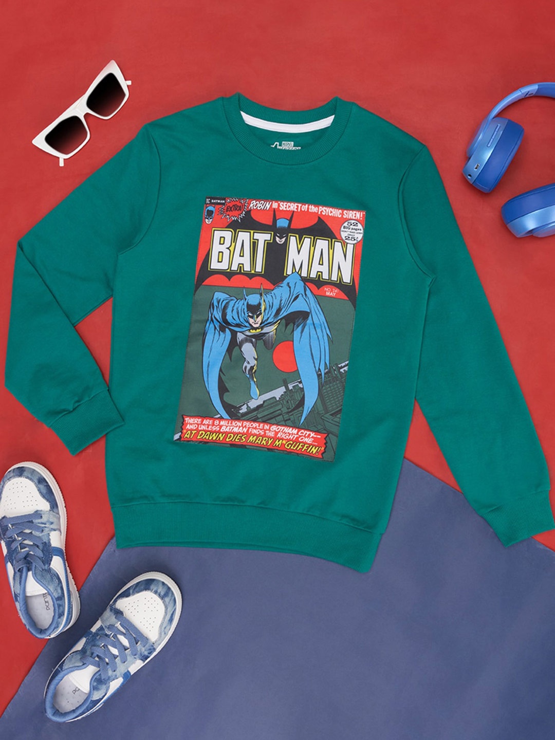 

Pantaloons Junior Boys Batman Graphic Printed Cotton Pullover Sweatshirt, Green