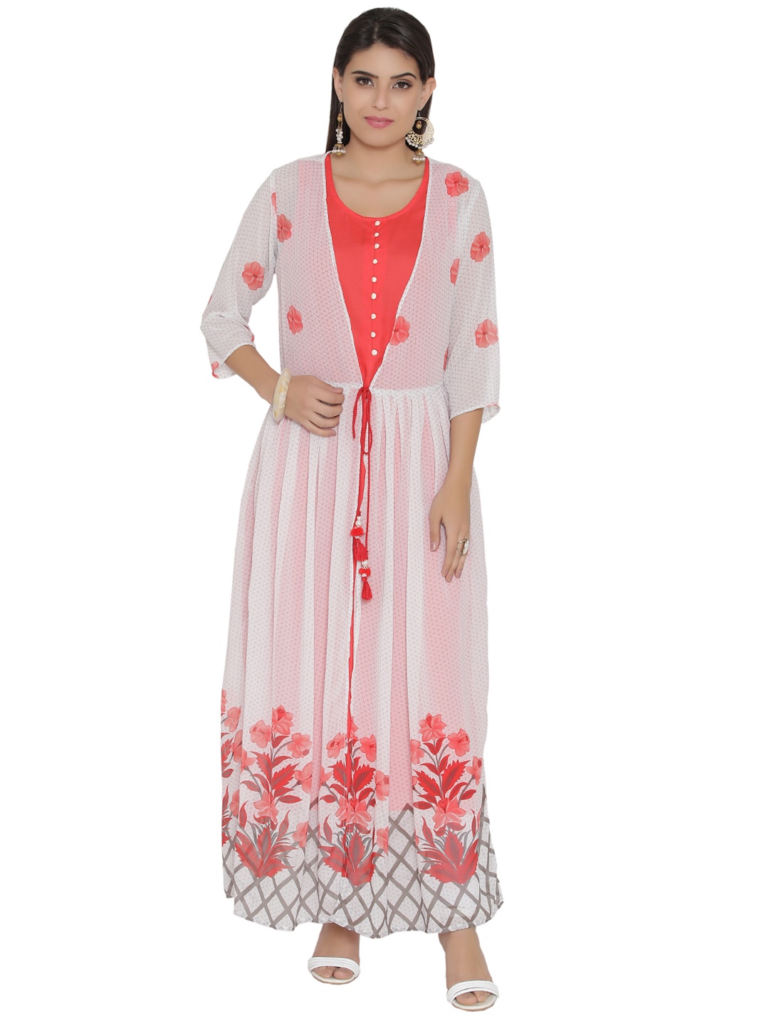 

Shree Women Coral Orange & White Solid Straight Kurta
