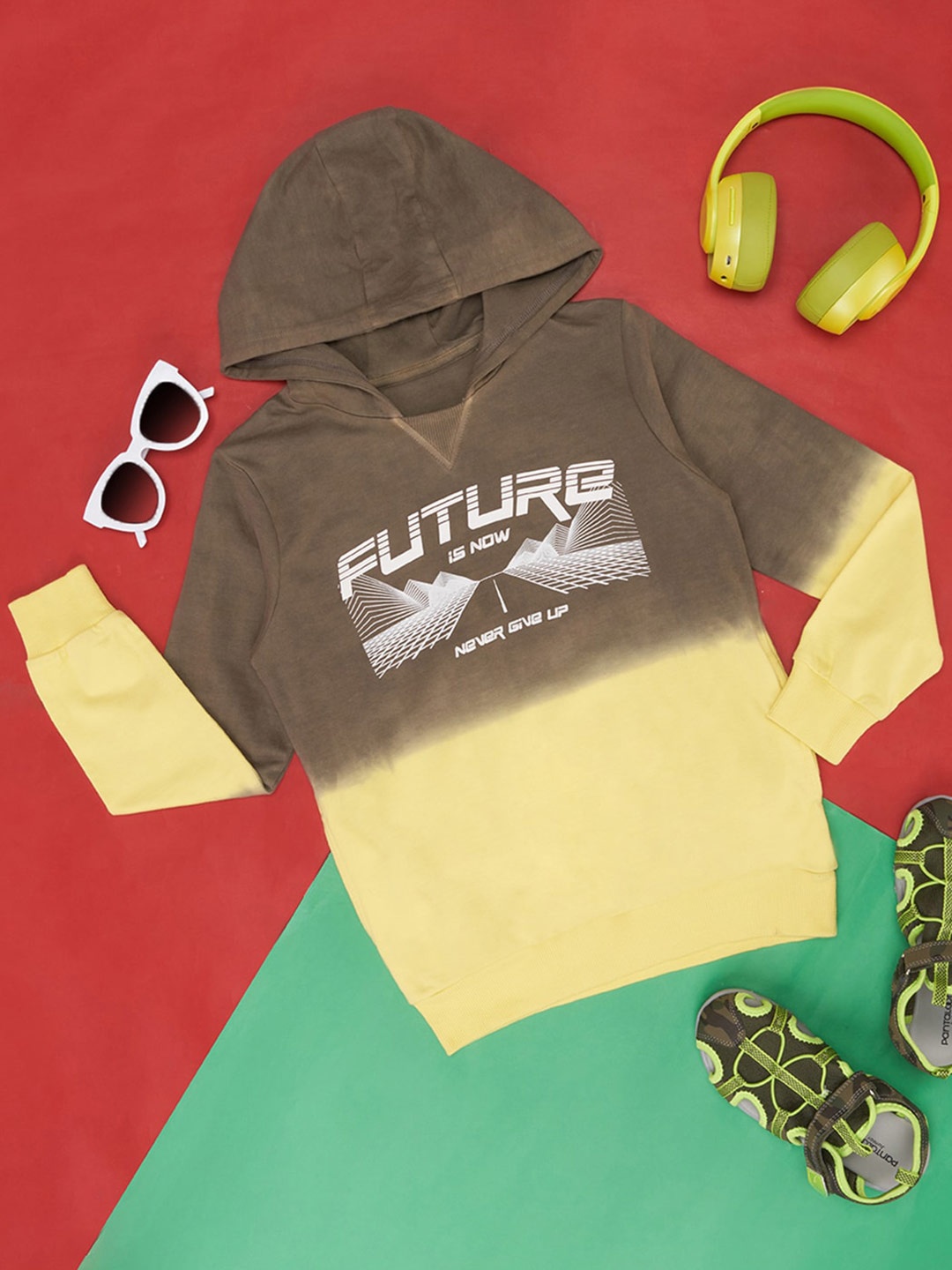 

Pantaloons Junior Boys Typography Printed Hooded Cotton Pullover Sweatshirt, Green