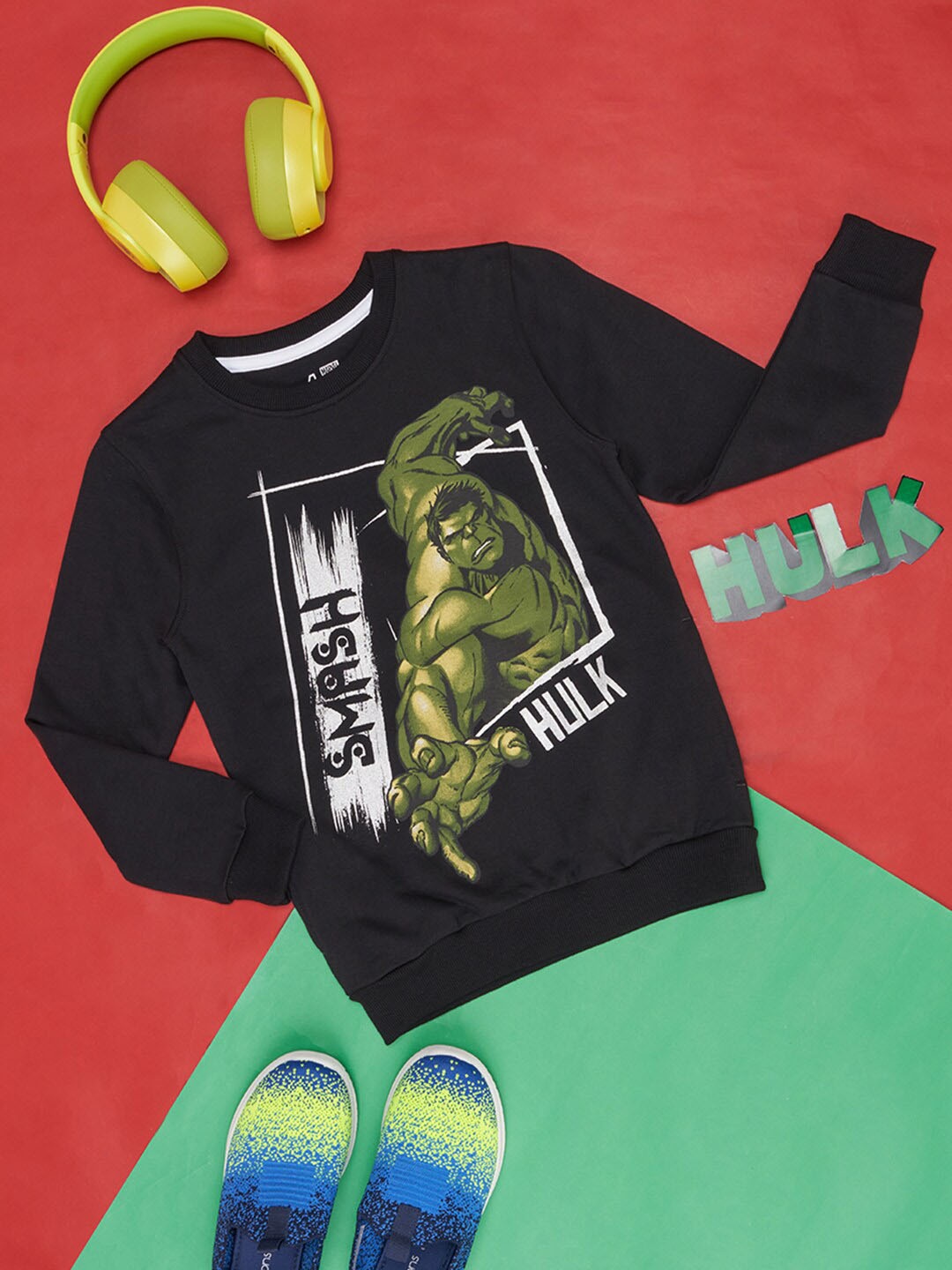 

Pantaloons Junior Boys Graphic Hulk Printed Round Neck Cotton Sweatshirt, Black