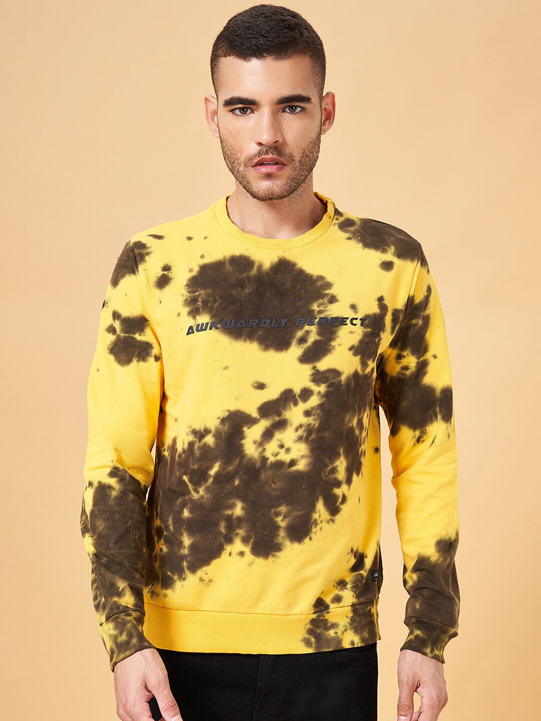 

People Abstract Printed Round Neck Pure Cotton Pullover, Mustard