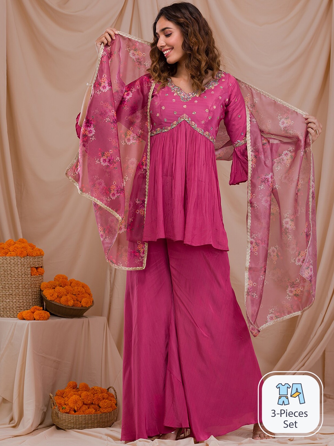 

Koskii Ethnic Motifs Yoke Design Sequinned Empire A-Line Kurti & Sharara With Dupatta, Pink