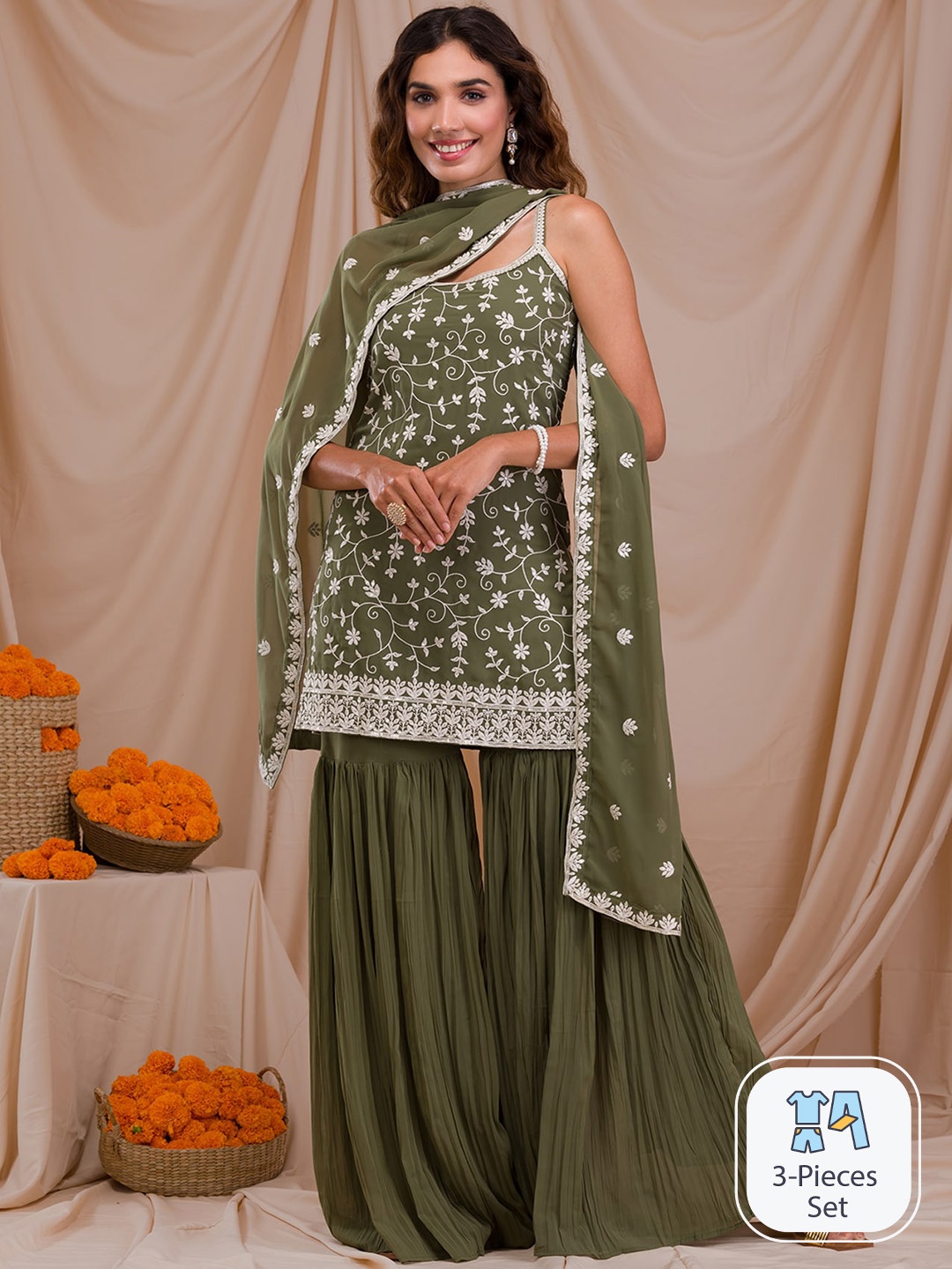 

Koskii Floral Embroidered Regular Kurti with Sharara & Dupatta, Green