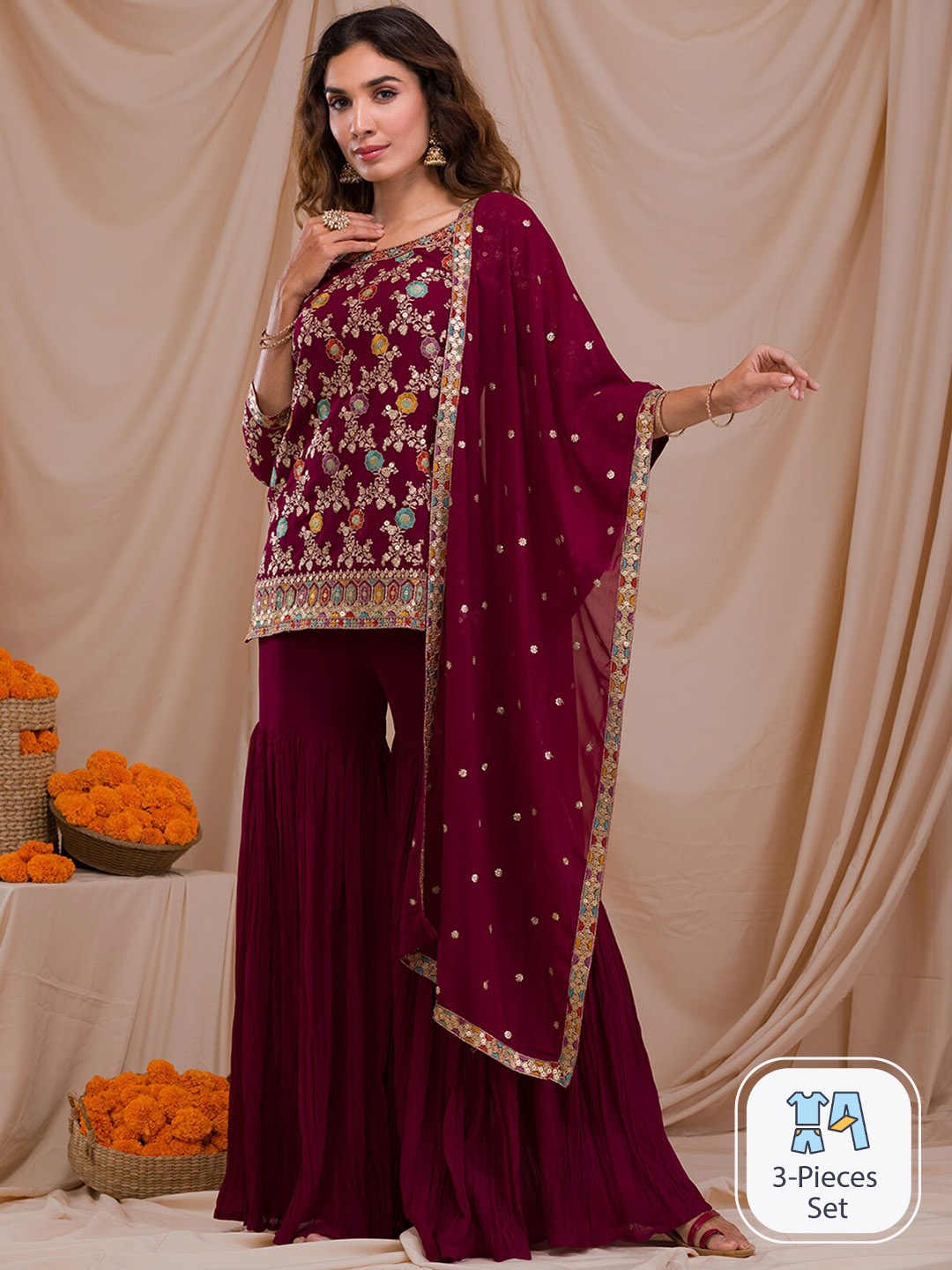 

Koskii Ethnic Motifs Embroidered Thread Work Straight Kurti & Sharara With Dupatta, Maroon