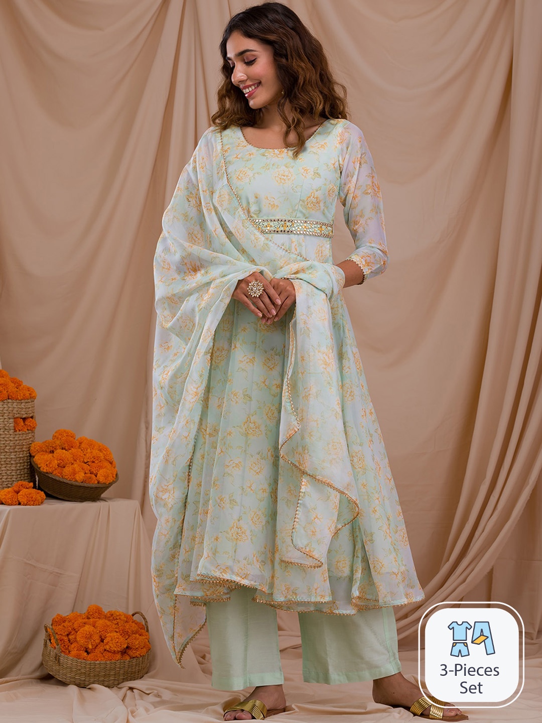 

Koskii Floral Printed Empire Gotta Patti Anarkali Kurta with Palazzos & Dupatta, Green