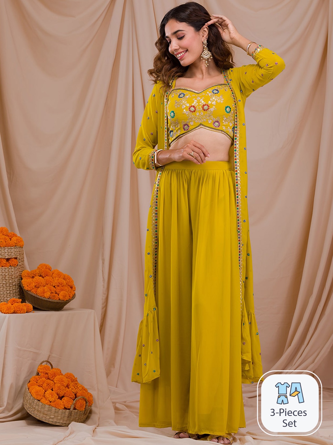 

Koskii Ethnic Motifs Embroidered Georgette Top With Palazzos & Jacket, Yellow