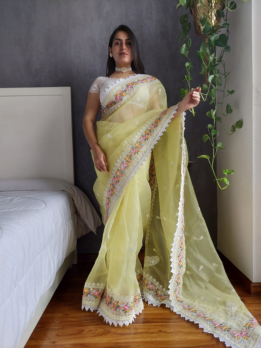 

Anouk Yellow & White Floral Embroidered Organza Saree