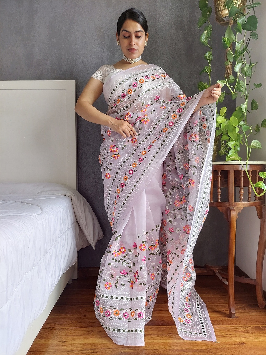 

Anouk Mauve Floral Embroidered Organza Saree