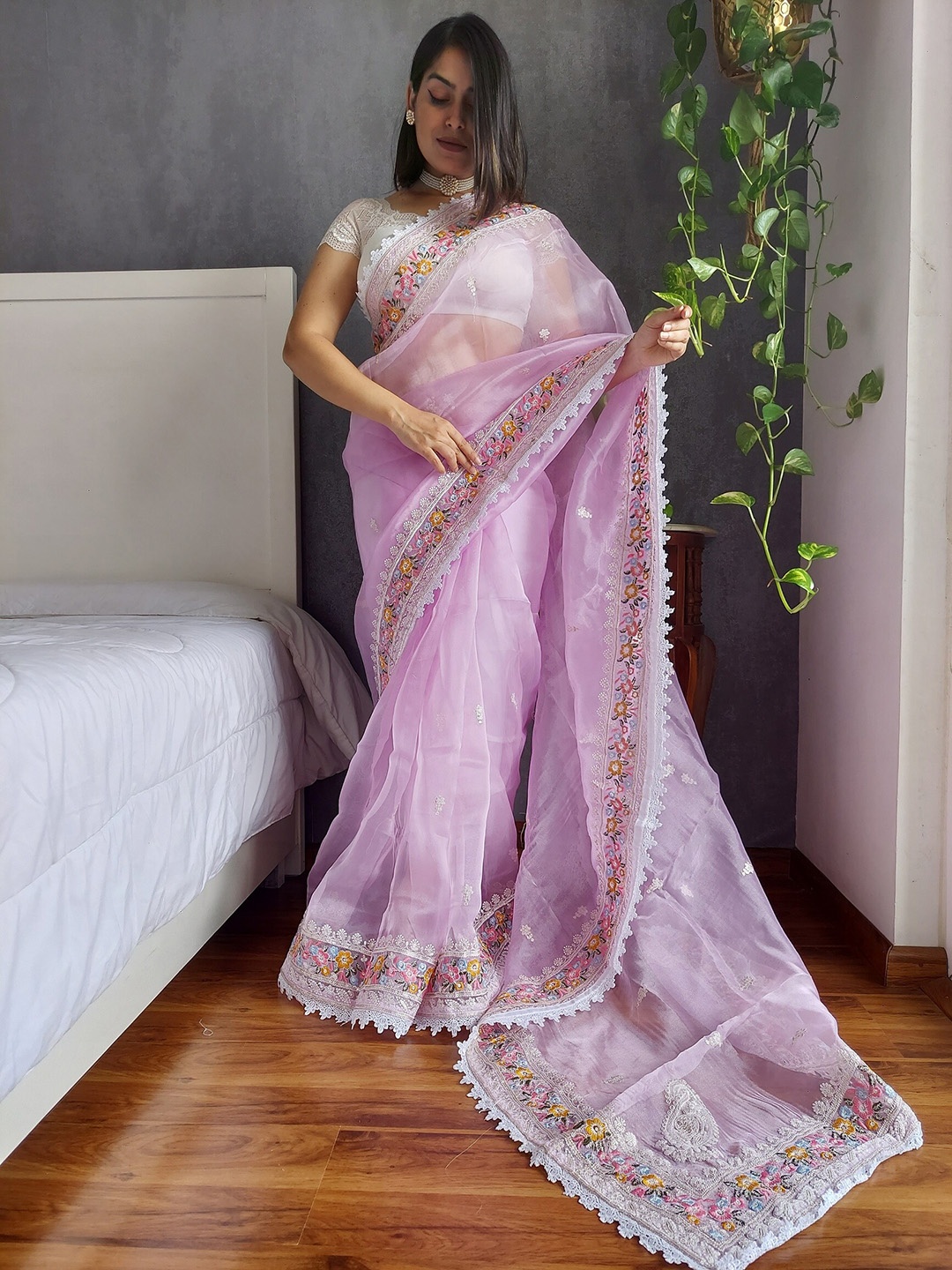 

Anouk Lavender Floral Embroidered Organza Saree