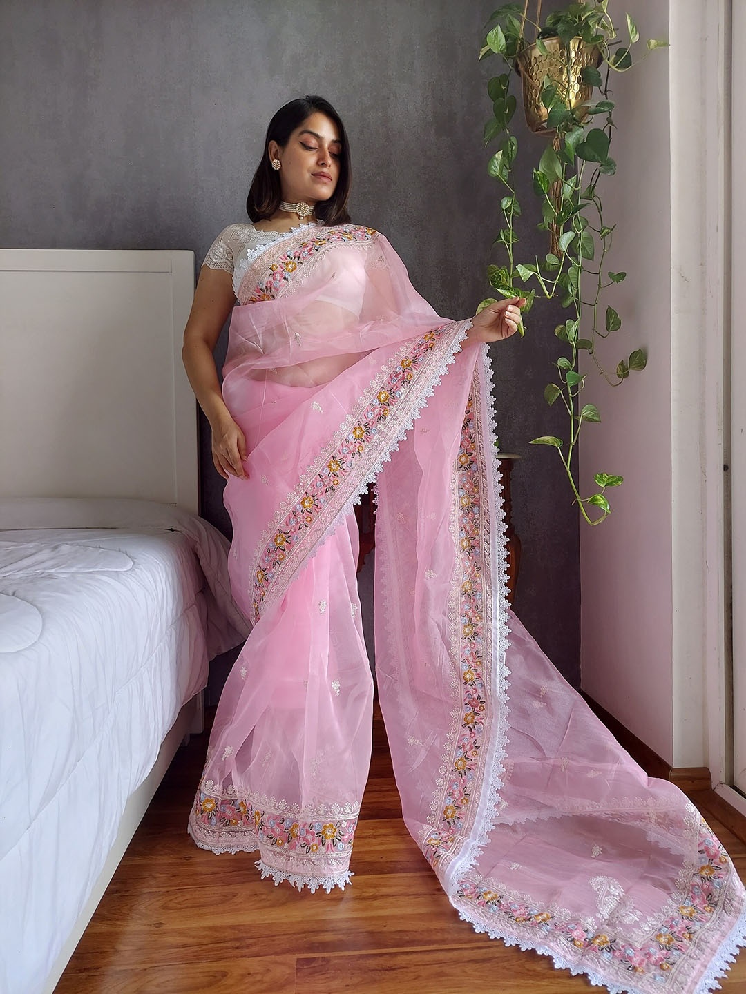 

Anouk Pink & White Floral Embroidered Organza Saree