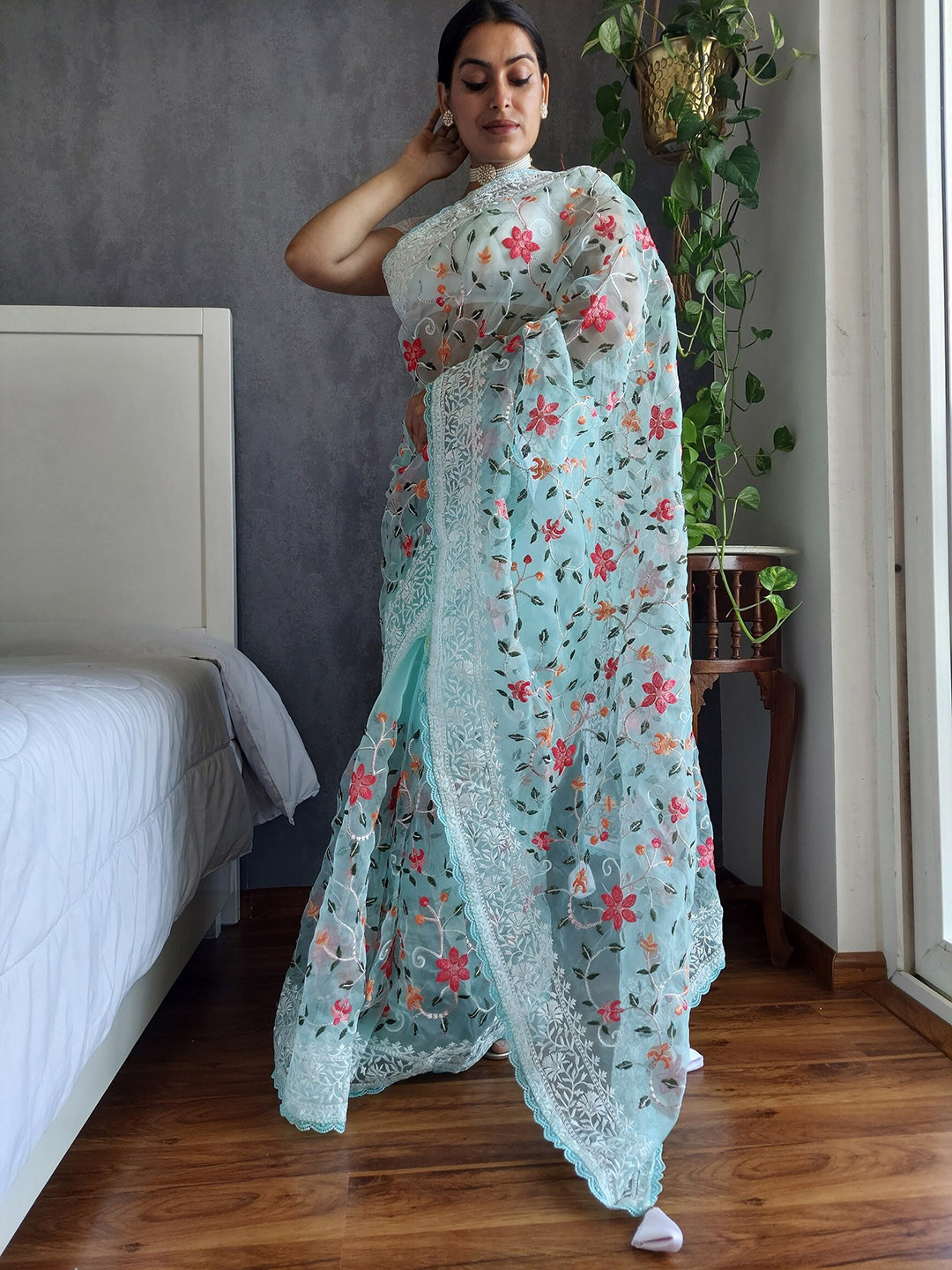 

Anouk Blue and Pink Floral Embroidered Organza Saree