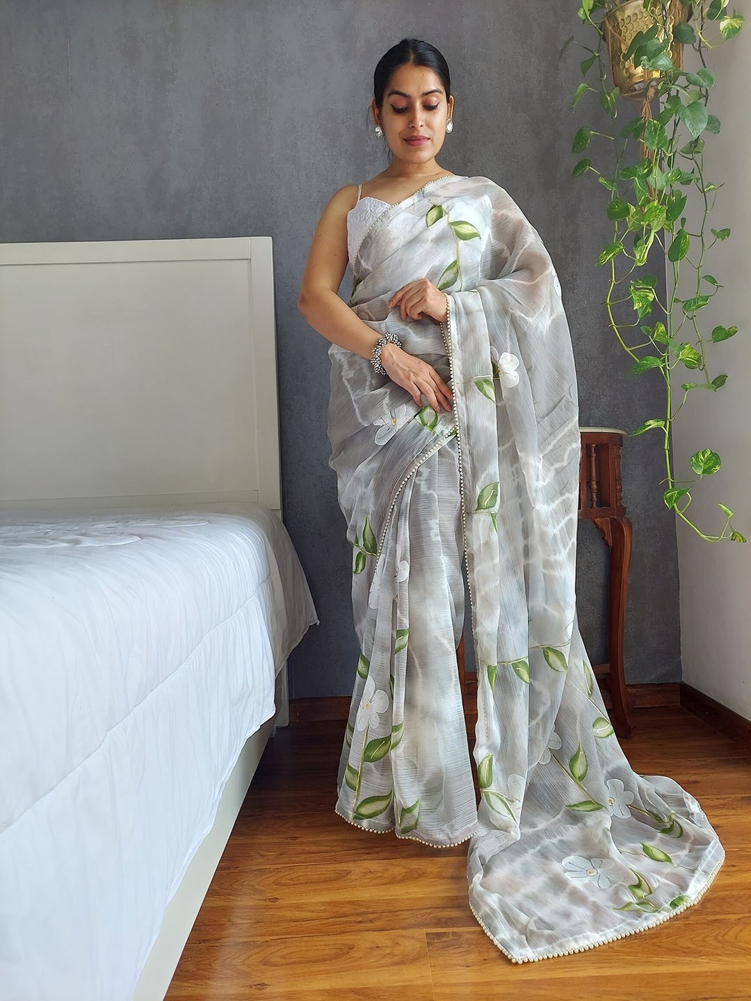

Anouk Grey Floral Printed Beads and Stones Saree