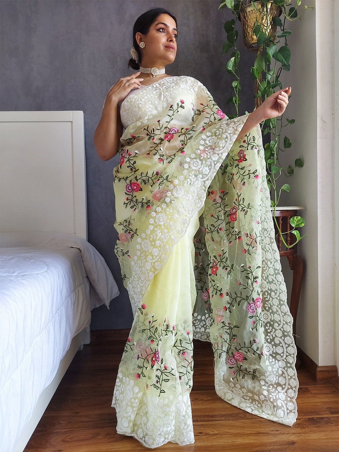 

Anouk Yellow & Red Floral Embroidered Organza Saree