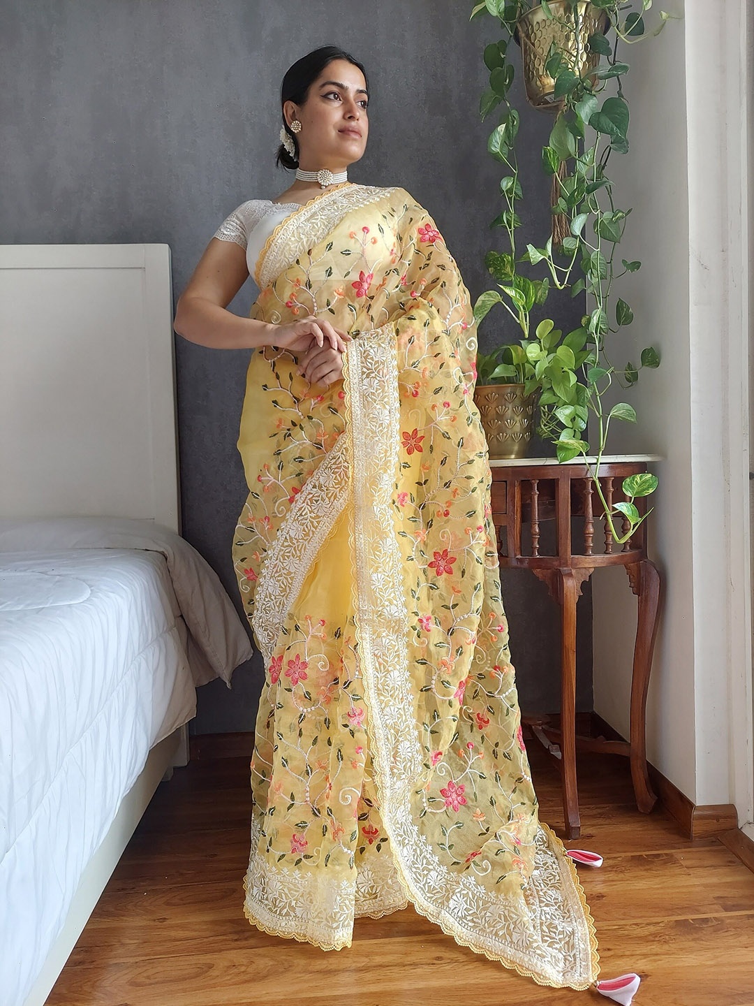 

Anouk Floral Embroidered Organza Saree, Mustard