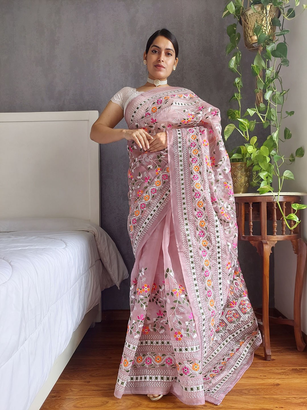

Anouk Lavender & Orange Floral Embroidered Organza Saree