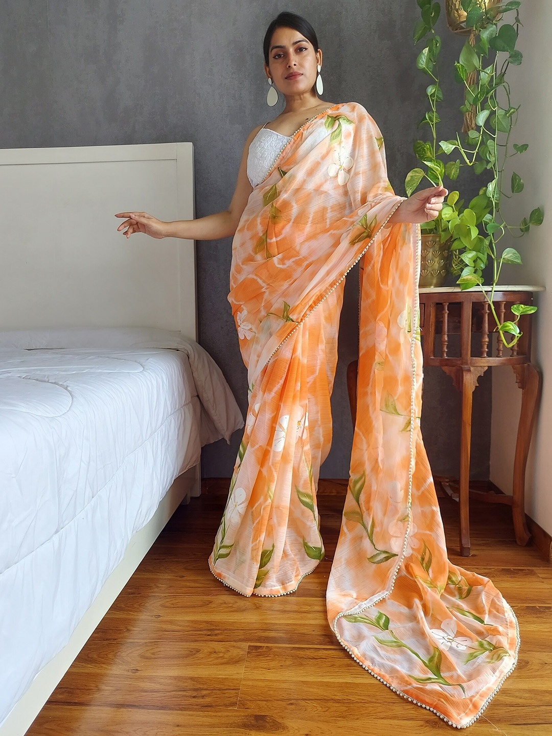 

Anouk Floral Printed Beads And Stones Poly Chiffon Saree, Orange