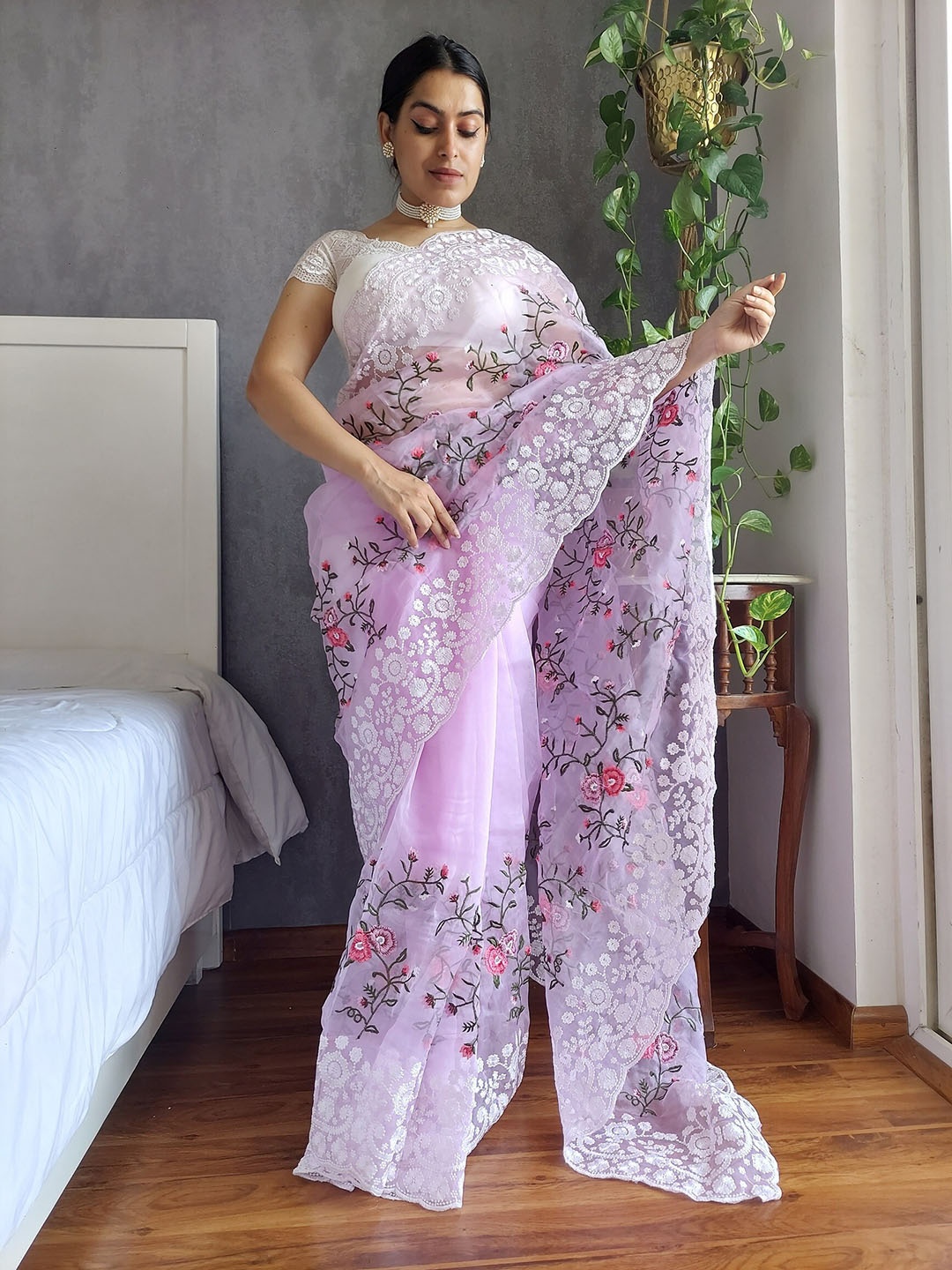 

Anouk Lavender Floral Embroidered Organza Saree