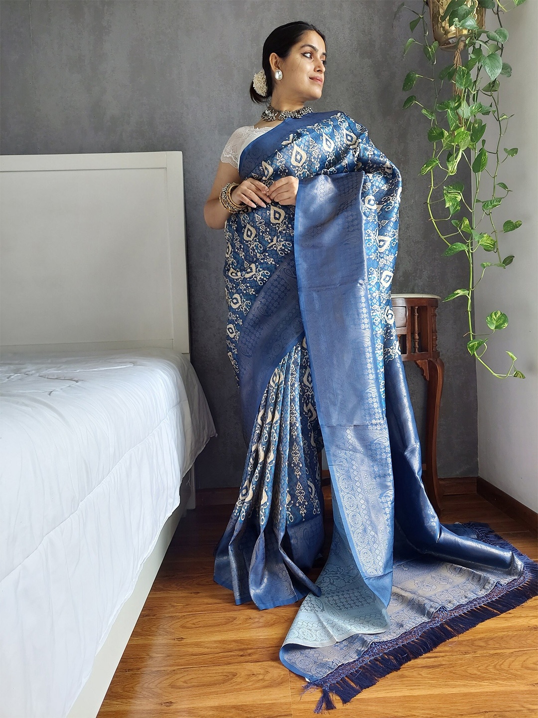 

Anouk Blue & White Ethnic Motifs Printed Zari Banarasi Saree
