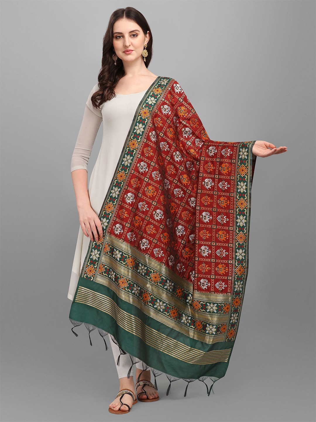 

ESCORA Ethnic Motifs Woven Design Dupatta with Zari, Maroon