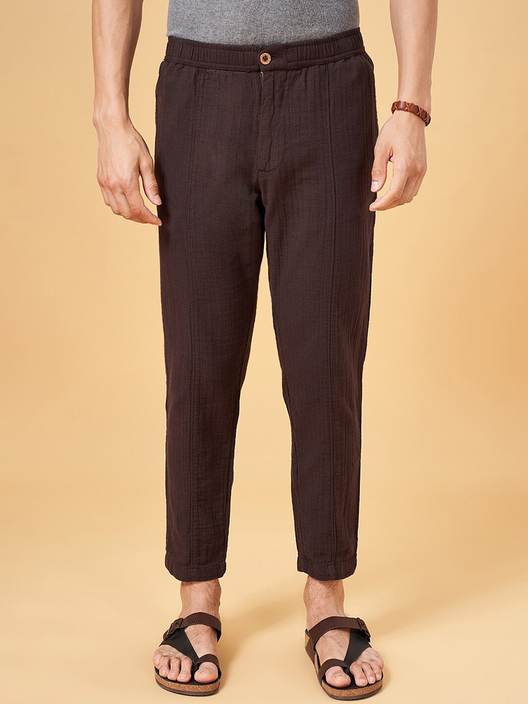 

7 Alt by Pantaloons Men Self Design Mid-Rise Cotton Trousers, Brown