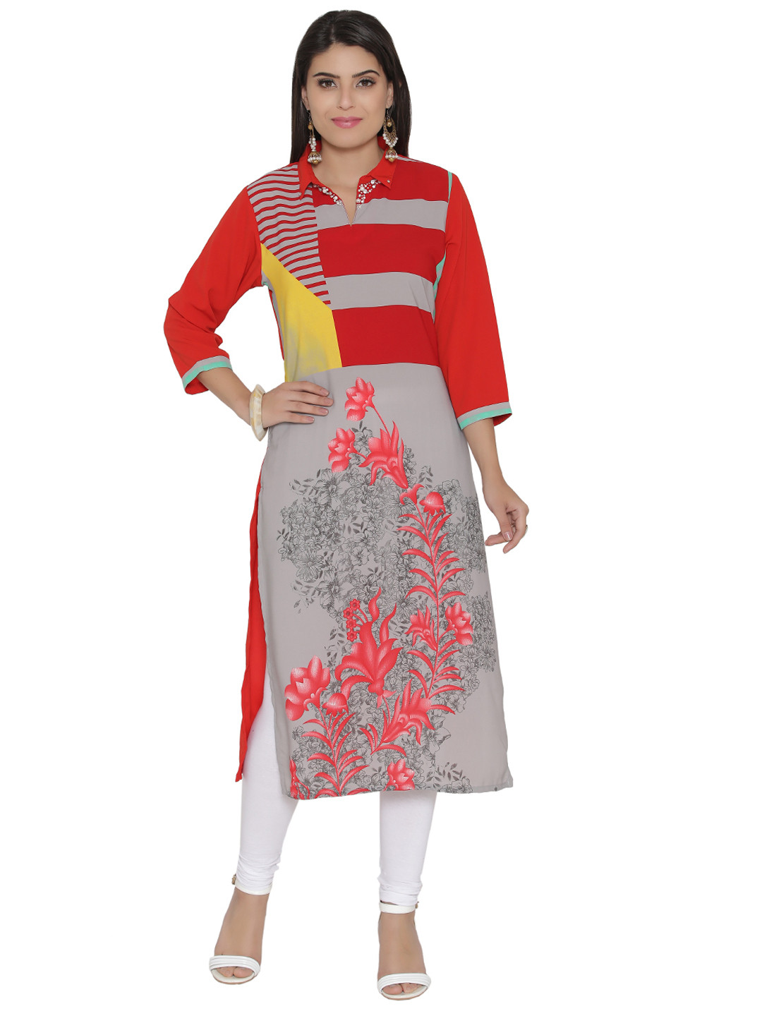 

Shree Women Grey & Red Printed Straight Kurta