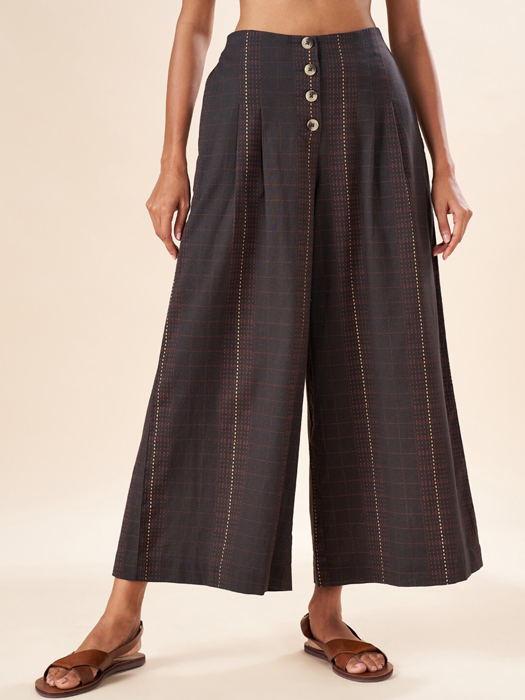 

AKKRITI BY PANTALOONS Women Checked Flared Pleated Culottes, Charcoal