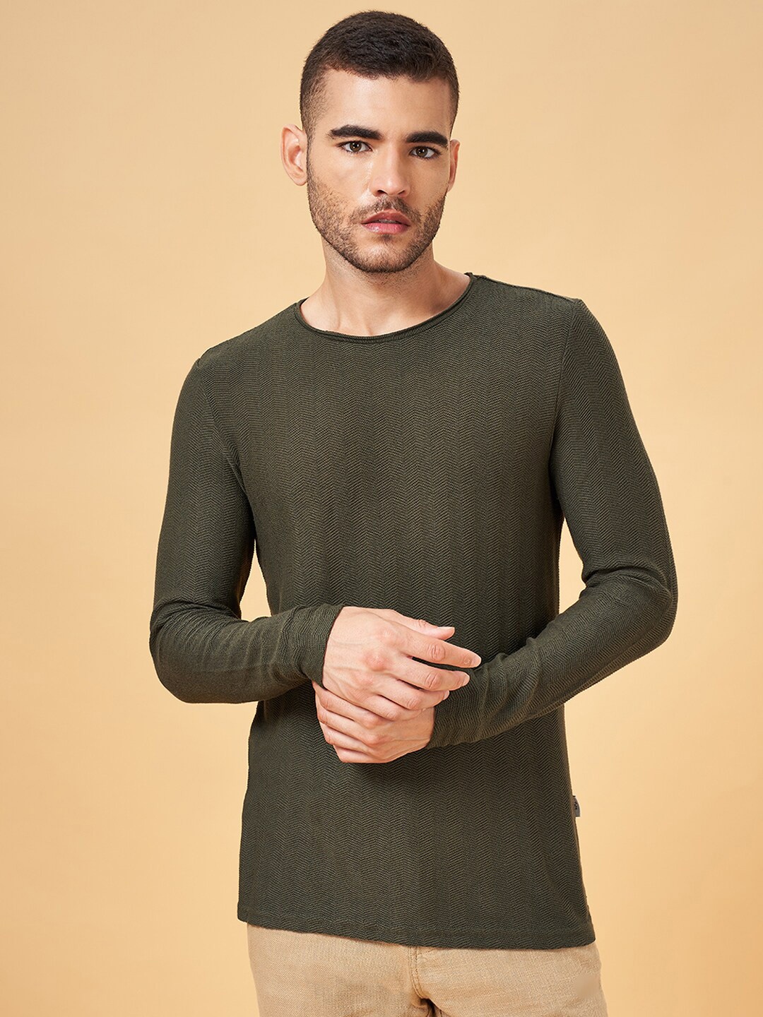 

7 Alt by Pantaloons Round Neck Long Sleeves Slim Fit Knitted Casual T-shirt, Olive