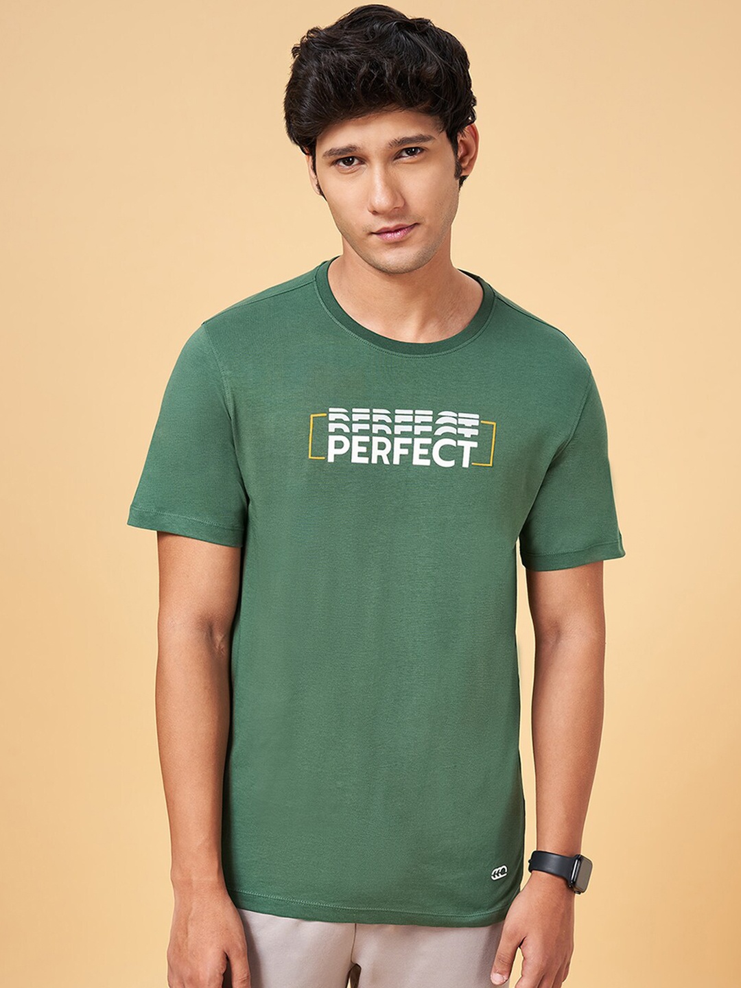 

Ajile by Pantaloons Typography Printed Cotton Slim Fit T-shirt, Green
